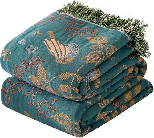 HOORDRY Musselin-Decke 130x150CM-100% Baumwolle Erwachsene Tagesdecke | Doppelseitig Dekorativ Sesseldecke mit Vögeln Alle Jahreszeiten Weich&Leicht Vorgewaschene Baumwolldecke Sofa Blau