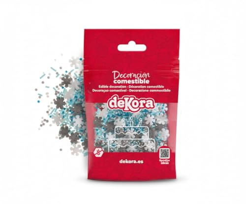 dekora – Sprinkle Mix Fiocchi di Neve 100g – Decorazioni Commestibili per Torte e Cupcake Invernali – Colori Bianco, Blu e Argento – Senza Glutine e Lattosio
