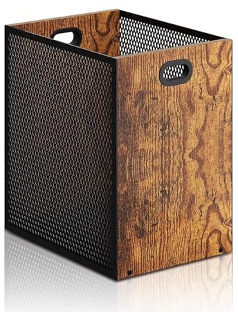 Jinfanshurich Rechteckiger Papierkorb 28×20×30 cm aus Eisen & Holz, Moderner Mülleimer im Industriestil mit Griff – Dekorativer Abfalleimer für Büro, Schlafzimmer & Homeoffice