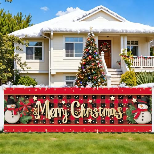 Largo Feliz Navidad Pancarta Decoración,300 x 90CM Tela Cartel Pancarta para Decoración de Fiesta de Navidad al Aire Libre Interior, para jardín, hogar, balcón, Puerta, Valla