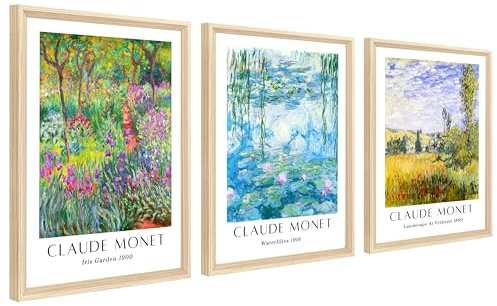 3Pcs Claude Monet Seerosen Leinwand Bilder Set Mit Rahmen Klassisch Impressionismus Botanisch Bild Poster Wandbilder Wohnzimmer Schlafzimmer Badezimmer Wanddeko 30x40cm x3pcs (Kein Plexiglas)