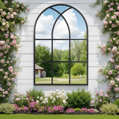 Reflix Arched Window Mirror, 75x120 cm Wall Mirrors for Decor Garden Outdoor, Distressed Gothic Arch Mirror with Aluminum Frame for Hallway,Living Room,Bedroom, Entryway, Black