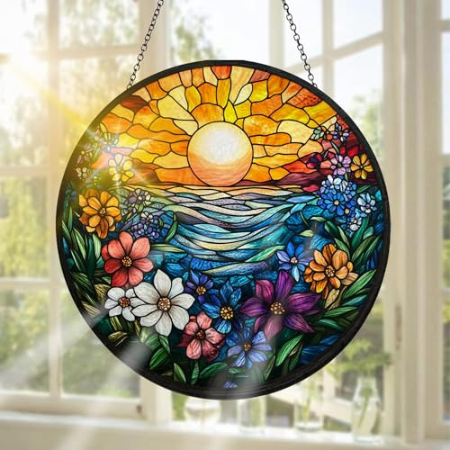 Pavemlo Sonnenuntergang Buntglas Sonnenfänger Fensterschmuck hängend Blumen – Handgefertigter Sonnenfänger als Dekoration für Garten, Fenster, Innen- und Außenbereich, Weihnachten Party, 20 x 20 cm