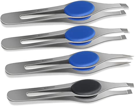 InstrumenteNrw Zupfpinzetten Edelstahl 4er Set Schräg Spitz Gerade 9,5 cm | Augenbrauenpinzette Haarzupfpinzetten mit Anti Rutsch Griffen für die Haarentfernung
