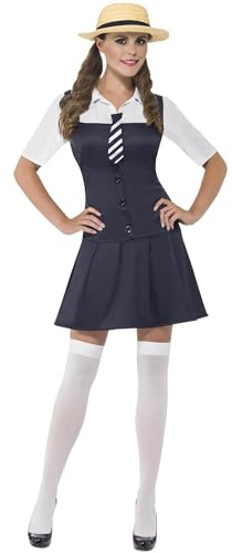 Smiffys, Damen Schulmädchen Kostüm, Kleid mit angesetztem Hemd, Schlips und Strohhut, Größe: XS, 31105