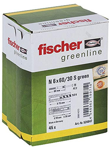 Fischer 524847 N GREEN - Tacos para clavos (cabeza avellanada, 6 x 60/30, 45 unidades)