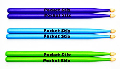 3 Pairs Pocket Stix 11 Drumsticks For Kids in Alien Green, Bebop Blue & Wild Purple