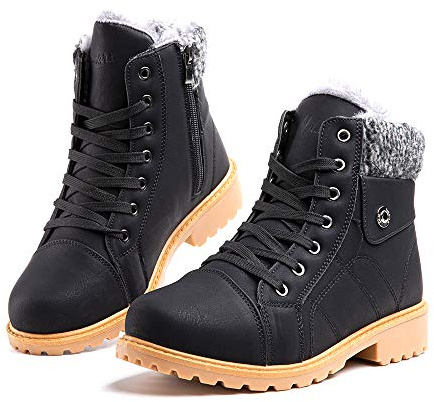 Hitmars Bottines Hiver Femme Bottes Neige Fourrées Chaud Antidérapant Fermeture Éclair Sports de Plein Air Chaussure de Ville à Lacets Coupe Courte Platform 6-Noir EU42