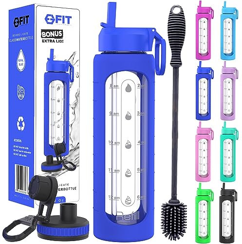 32 oz Glass Water Bottle with Time Marker Reminder - EXTRA LID, Reusable, Wide Mouth, Leakproof, 1 Liter Glass Drinking Bottle, BPA Free, Motivational Water Bottles (Royal Blue, with Brush)