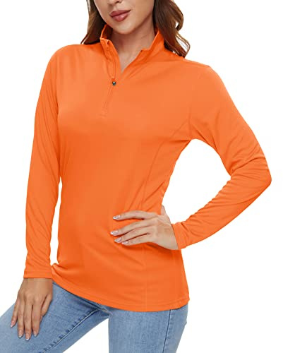 KEFITEVD UPF50+ Maglia sportiva da donna, a maniche lunghe, con cerniera Rashguard 1/4, collo alto leggero, maniche lunghe, per corsa, escursionismo, Arancione, XL