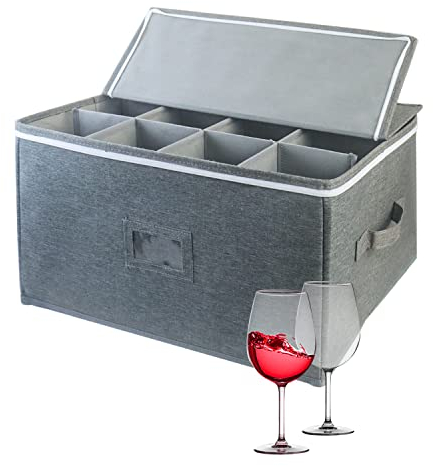 Wine Glass Storage Cases, Stemware Storage Chest Boxes with Dividers, Glassware Storage Containers Holds 12 Red or White Wine Glasses, Champagne Flutes, Crystal, Drinkware with Label Window