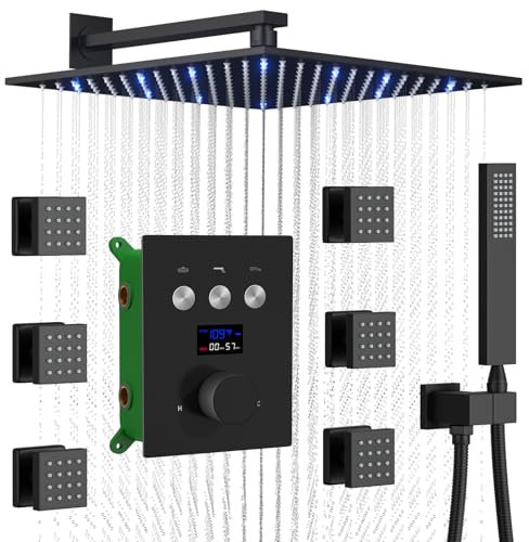 KATAIS Colonne Douche Thermostatique, Panneau Douche à LED Noir Mat de 30,5 cm, Système de Pulvérisation pour Corps de Douche à Montage Mural Pouvant Fonctionner Ensemble