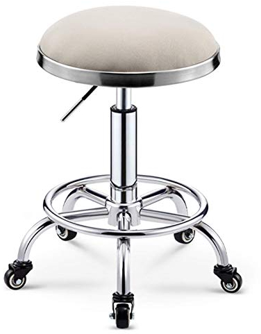 Mehrzweck-Verstellbarer runder Stuhl, rollender Drehhocker mit Rollen und weicher Polsterung für Zuhause, Büro, Schönheit, Friseursalon, Kosmetik, Gesichts-Spa, Khaki (Beige)
