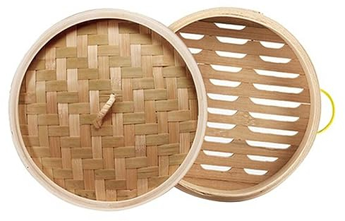 Leadigol Cestino per cottura a vapore in bambù fatto a mano con coperchio, cottura a vapore per alimenti cinesi, vaporiera in bambù, vaporiera per gnocchi, per cucinare verdure, pesce, carne