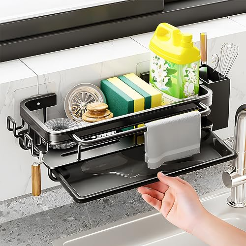 JTOOYS Spülbecken Organizer, Spülbecken Caddy Organizer Sink Organizer Utensilien Korb für Küche & Badezimmer mit Abflusspfanne Kein Bohren Erforderlich Wand Selbstklebend spüle Organizer, Schwarz