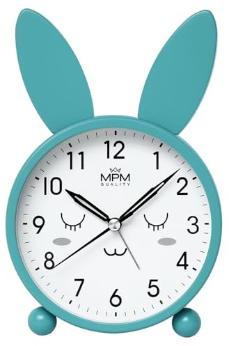 MPM Quality Design Kinder Metallwecker in Pastel Farben, Hellblau/Weiß, Quarz-Uhrwerk Sweep, LED Lichtfunktion, Analog, Klassisches Klingeln, weckt selbst die größten Schläfer, Tisch Dekoration