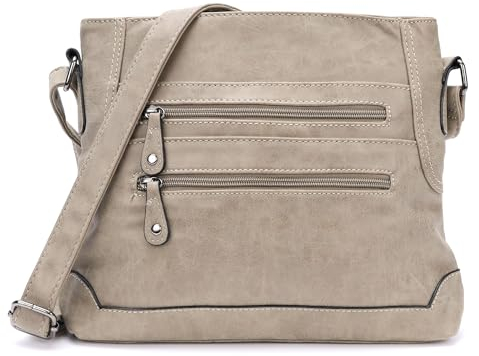 irisaa Schultertasche Damen Handtasche, Medium Umhängetasche praktische Henkeltasche mit vielen Fächern, Vintage Look mit Reißverschluss, DKB Farbe:Beige