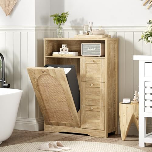 Natural Rattan Storage Cabinet with 3 Drawers, Tilt Out Trash Can Cabinet for 10 Gallon Garbage Can for Laundry Hamper, Accent Furniture, Dual Dog Proof Trash Bin for Living Room, Barthroom
