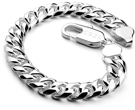 Dankadi - Pulsera cubana maciza, anchura 8 mm, 10 mm, lisa con textura, 925, plata para hombre, 7 a 10 pulgadas, cadena de eslabones cubana, rock punk Hip Pop Miami regalo joyas, 9, Plata