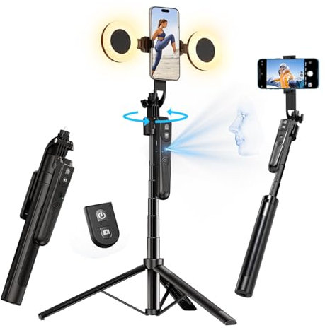 yAyusi Automatico Volto Rilevamento Treppiede con Luce, Senza App, 360° Rotazione 180cm Treppiede per Telefono con Sensore di Movimento, Supporto per Telefono con Doppie Luci per Vlog/Video/Stream