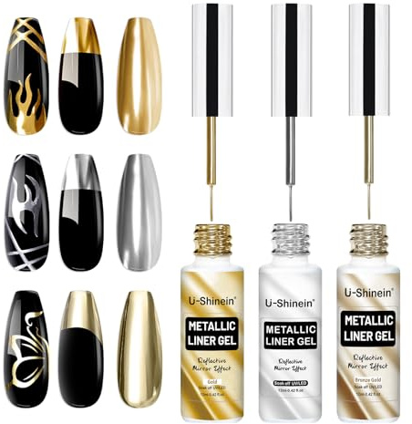U-Shinein 3x12ml Esmalte de uñas de pintura metálica, esmalte de uñas de efecto cromo espejo 3d, conjunto de esmalte de uñas de pintura metálica con cepillo delgado incorporado, Conjunto B
