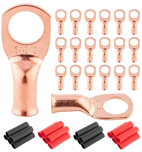 RED WOLF 20 PCs 8 Gauge x 3/8 Copper Wire Ring Terminals Connector Lug Battery Cable Ends Stud W/3:1 Heat Shrink Tubing Tube Black & Red Each 10 PCs for Electrical Vehicle Boat Marine