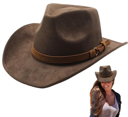 Hperu cowboyhatt brett brätte västerländsk hatt brun cowboyhatt med bältesspänne mocka cowgirlhatt för män och kvinnor utklädningsfest västerländsk hatt