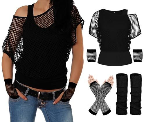 ELFIN 80er 90er Jahre Outfit Damen, Netzshirt, Tank top, Beinwärmer, Netzhandschuhe, 80er Jahre Netzoberteil Damen Tops Neon Shirt, 80er Kostüm Aerobic Kleidung Mottoparty Accessoires, Schwarz, L