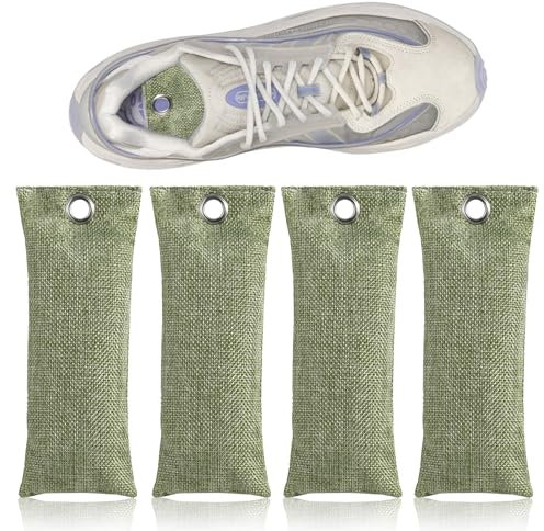 Natural Shoe Odor Eliminator, 4 Pieces Bamboo Charcoals Air Purifying Bags,Charcoal Shoe Deodorizer,Bamboo Charcoal Bags,Sneaker Deodorizer And Moisture Absorbers For Gym Bag,Car,75g x 4 (Green)