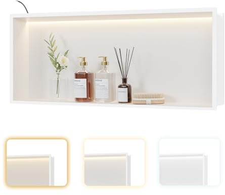 Neohomee Nicho de pared de acero inoxidable con iluminación LED, color blanco, estante individual empotrable, nicho con ajuste de temperatura de color, almacenamiento para baño, 75 x 30 cm