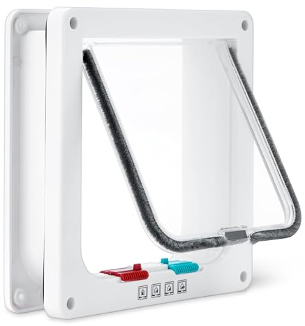 Amazon Basics Puerta Ajustable de Plástico para Perros y Gatos con Cierre de Cuatro Posiciones, pequeña, 19,1 x 18,8 x 5,7cm, Blanca y Gris