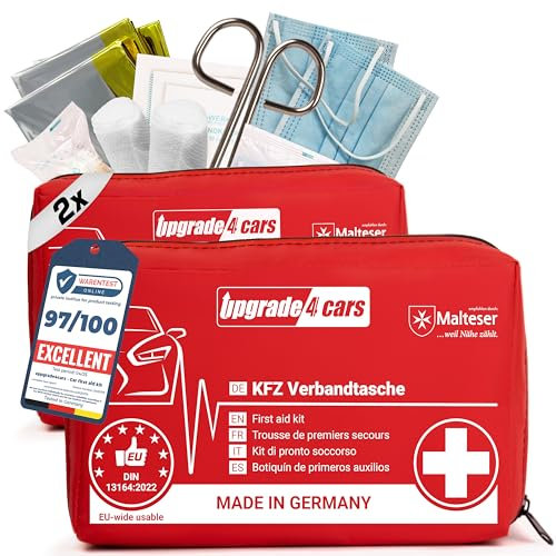 Upgrade4cars 2 x Trousse de Premiers Secours pour Voiture, Maison, Voyage, Randonnée, etc. - Kit Médicale Complète 2025 Rouge Sac d'Urgence Toute l'Europe