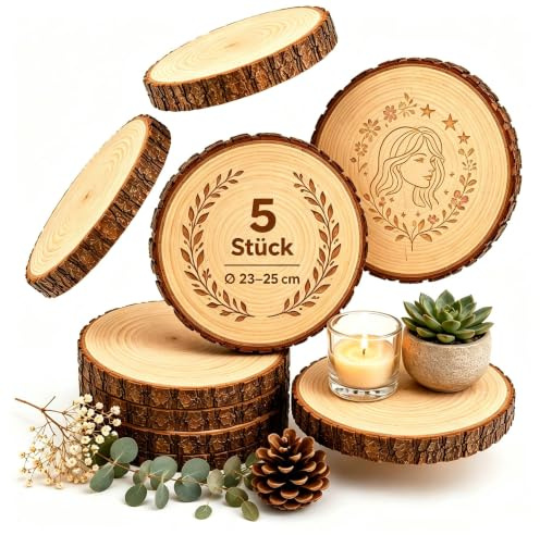 5er Set Holzscheiben 25 cm Durchmesser, Baumscheiben Naturholz mit Rinde, 15 mm Dick, Runde Holzscheiben zum Basteln, Ungebohrt für DIY, Lasergravur, Hochzeit, Tischdeko & Holzscheiben Deko