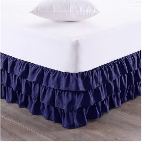 Cache Sommier Jupe de lit luxueuse de qualité supérieure à trois couches à volants de style cascade avec tissu résistant aux rides et à la décoloration - 15 pouces de haut(Dark Blue,160x200x38cm)