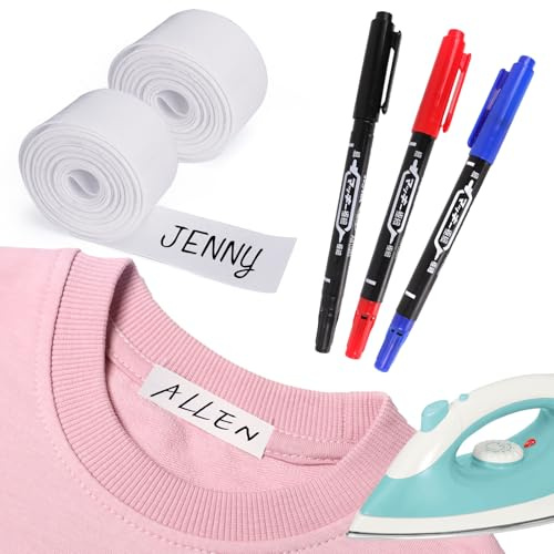 Namensetiketten für Kleidung, 4m x 1.8cm Bügeletiketten mit 3 Farbige Stifte, Namensschilder Kleidung，Personalisierbare Etiketten für Kleidung Kinder Pflegeheime Wäscheetiketten