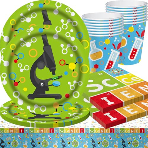 Chimique Vaisselle de Fête Tracteur,Apprentissage de l'expérience chimique,Comprend des assiettes en carton, des gobelets en carton, des serviettes en papier et des nappes,49PCS