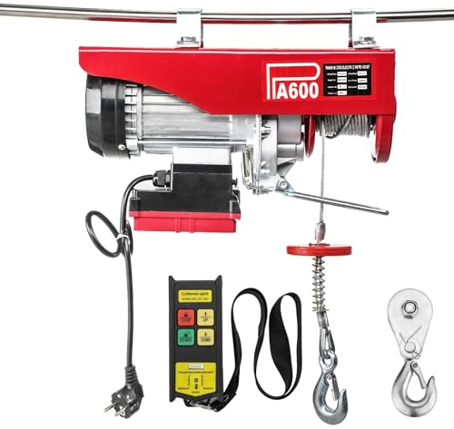ISINEVER Palan électrique de 300 kg à 600 kg avec interrupteur d'arrêt d'urgence – 220 V Treuil de levage 12 m pour atelier, garage, entrepôt et chantier avec télécommande sans fil et crochet