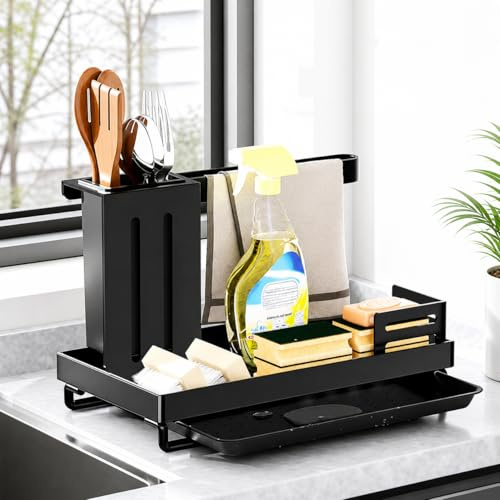 Trlyane Organizador de Fregadero de Cocina de Acero al Carbono, Soporte para Esponja, Cepillo y Jabón con Bandeja de Goteo, Escurridor de Encimera para Cocina, Negro | Bandeja recogegotas extraíble, porta detergente y cepillos, soporte para esponjas y trapos, ahorra espacio, fácil de limpiar
