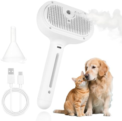 Brightora Self-Cleaning Pet Grooming Brush with Mist Spray | Rechargeable cat/dog brush for shedding,one-click hair release,gentle stainless steel bristles for long/short hair pet,white