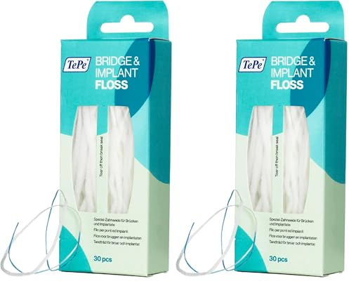 Fil dentaire TePe Bridge & Implant, 30pcs, fil dentaire large adapté aux appareils orthodontiques, aux bridges et aux implants, permet d'éliminer efficacement la plaque entre les dents. (Lot de 2)