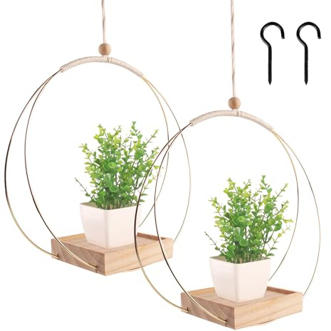 Paquete de 2 macetas colgantes doradas para plantas de interior, base de madera resistente, decoración moderna, soporte para macetas de pared, techo, ventana, uso interior y exterior