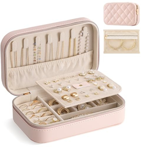 Lolalet Travel Jewelry Case for Women Girls, PU Leather Jewelry Organizer with Clear Storage Bag Small Portable Jewelry Box for Necklace Bracelet Earring Ring Mothers Day Birthday Gifts -Medium/Pink