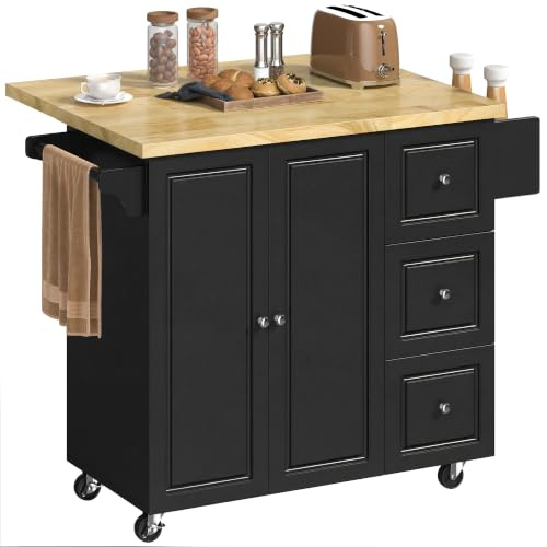 HOMCOM Kitchen Island on Wheels with Drop Leaf, Rubber Wood Top, Black | Wooden Rolling Kitchen Storage Trolley, Drawers, Adjustable Shelf, Towel and Spice Rack, for Dining Room