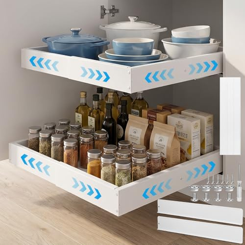 4 Richtungen Weiß Teleskopschublade - Ausziehbarer Schrank Organizer, Pull Out Teleskopschublade Organizer mit Kleber, Verstellbare Breite 29-48 CM & Tiefe 41.5-55 CM, Zwei Trennwände für Küche