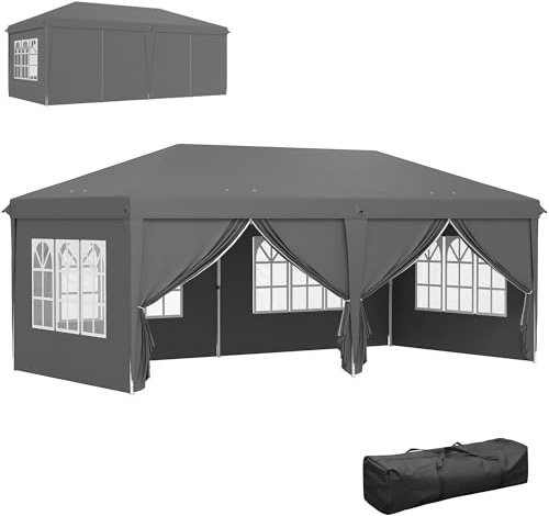 Outsunny 3 x 6 m barnum hopfällbar trädgårdspaviljong med avtagbara sidor - mottagningstält i förstärkt stål - Pop-up trädgårdsskjul för bröllop, fest och marknad, bärväska mörkgrå