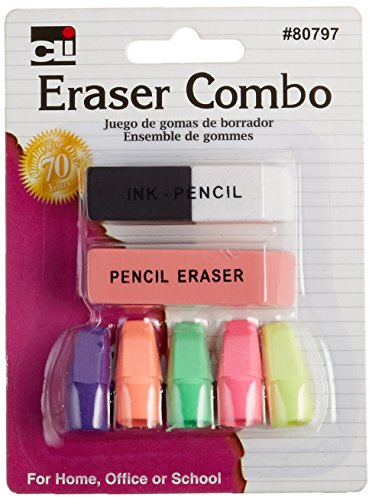 Charles Leonard Pencil Eraser Combo Pack, Includes 1 Pen/Ink Eraser, 1 Pink Pencil Eraser and 5 Pencil Cap Erasers, 7-Pack (80797)