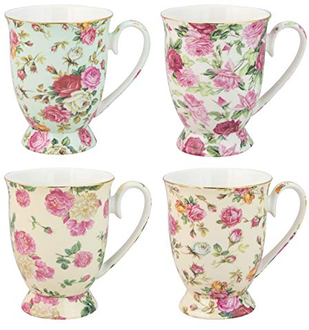 Gracie China by Coastline Imports Rose Chintz Taza de porcelana con base surtida con borde dorado, 9 onzas, juego de 4