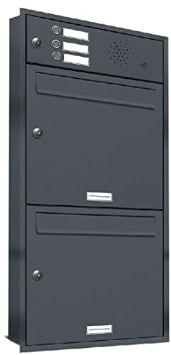 AL Briefkastensysteme, 2er Unterputzbriefkasten mit Klingel in Anthrazit Grau RAL 7016, 2 Fach wetterfeste Briefkastenanlage, Doppel-Briefkasten, Design modern