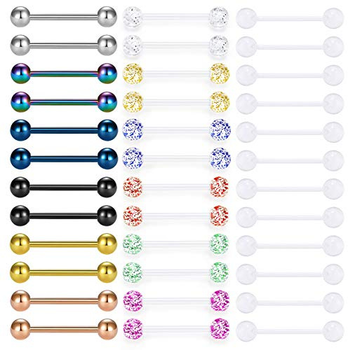 Mayhoop 36Pcs Piercing Mamelon Langue 14G en Acrylique Clair Flexible & Acier Inoxydable Boule de Paillettes Barbelles Piercing de Téton Langue Bijoux de Piercing