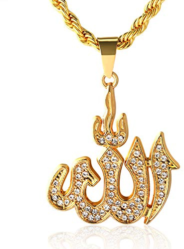Goldkette Herren Iced Out,18 Karat Echt Vergoldet/Platin überzogen Weißgold Allah Islam Symbol Anhänger Halskette,Volle Cz Labordiamants Zinken-Set,mit Seilkette 60cm/Tennis Kette 50cm